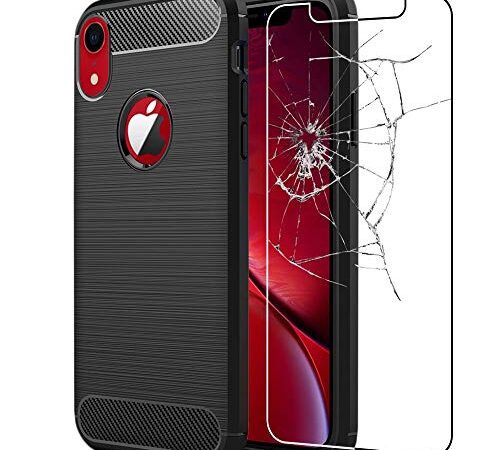 ebestStar - Funda Compatible con iPhone XR Carcasa Silicona Gel, Protección Diseño Fibra Carbono Premium Ultra Slim Case, Negro + Cristal Templado [Aparato: 150.9x75.7x8.3mm 6.1"]