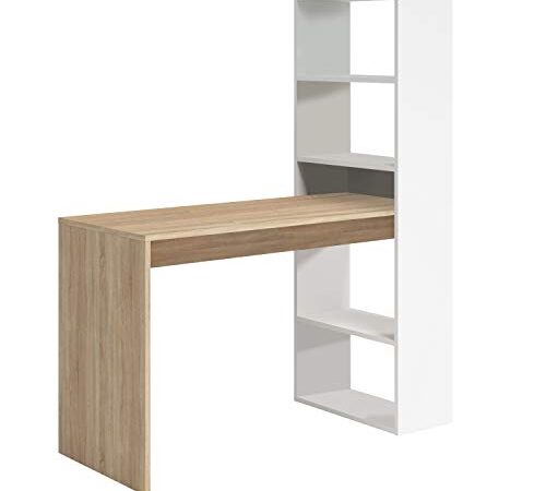 Habitdesign Mesa de Ordenador, Escritorio con Estanteria Reversible, Blanco Artik y Roble Canadian, Modelo Duplo, Medidas: 120 cm (Ancho) x  53 cm (Fondo) x 144 cm (Alto)