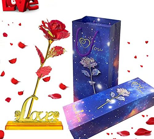 Rosa Eterna, Regalos para Mujer o Novia, Madres y Suegra o Amigas, Regalos Originales con Base y Caja Regalo Set, Rosas para Aniversario Pareja y Bodas de Oro, Aniversario o cumpleaños(Rojo Pasión)