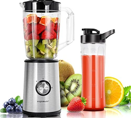 Aigostar Baron - Licuadoras Para Zumos y Batidos con Jarra 1 Litro, Botella 600ml. Batidora Portatil 350W. Batidora Smoothie Para Frutas, Verduras y Milkshake. Acero Inoxidable. Sin de BPA.