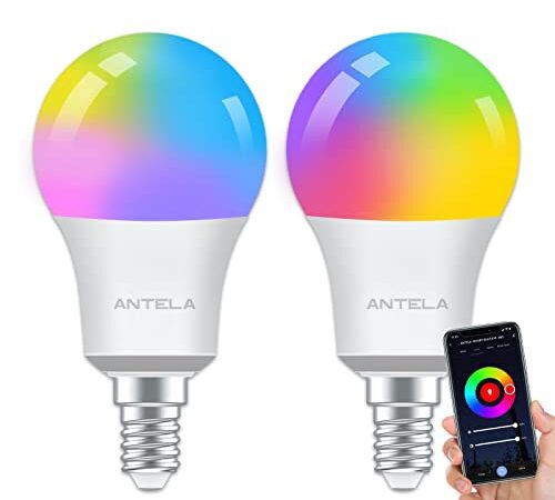 ANTELA Bombilla LED Inteligente WiFi E14 9W 806lm, 16 Millones de Colores, Luz Fría Cálida 2700 a 6500K, Compatible Alexa y Google Home, Vida Útil 15000 Horas, 2pcs