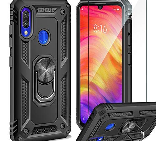 AROYI Funda Compatible con Xiaomi Redmi Note 7 / Note 7 Pro con Cristal Templado, 360 Anillo iman Soporte, Hard PC y Silicona TPU Bumper antigolpes Case Carcasa - Negro