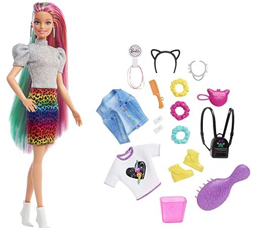 Barbie Pelo Arcoiris Muñeca rubia con falda de guepardo y accesorios de moda y para el pelo de juguete (Mattel GRN81)