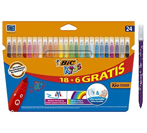 BIC Kids Rotuladores Lavables para Niños, Óptimo para material escolar y de oficina,Kid Couleur, Punta Media, Colores Llamativos, Caja de 24 Rotuladores