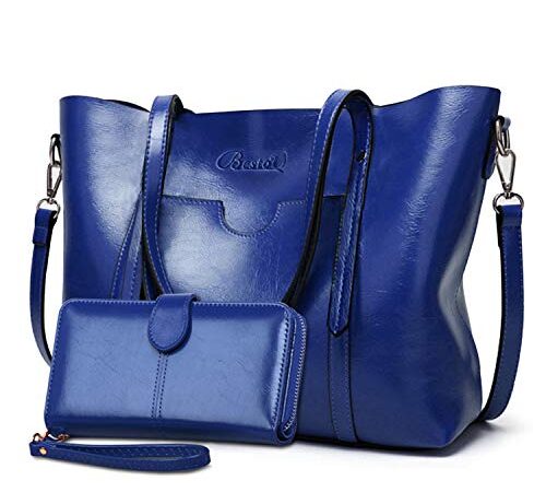 Bolsos de Mujer Bolso Bandolera Tote Grande De Hombro Bolsos PU Cuero Bolsos Billetera 2pcs Set (Azul)