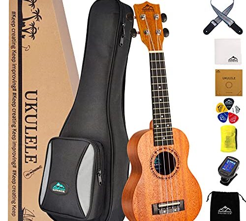 EASTROCK Ukelele para principiantes Kit de instrumentos de ukelele de madera de caoba de 21 pulgadas con bolsa, afinador, correa de ukelele, cuerda de carbono, paño de limpieza