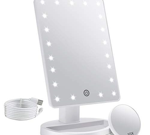 Espejo Maquillaje con Luz LED Aumento 1X/10X, Espejo Cosmético Iluminado de Mesa,180 Rotación, Brillo Adjustable Espejo de Tocador Portátil (Blanco)