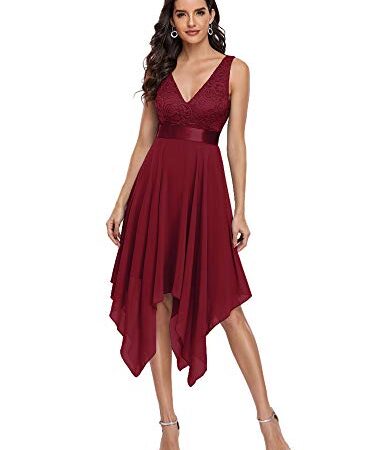 Ever-Pretty Vestidos de Cóctel Corte Imperio Escote en V A-línea con Encaje Gasa Vestido de Noche para Mujer Burdeos 38