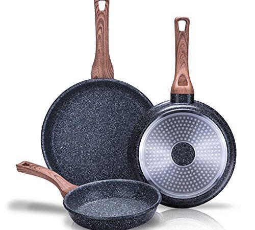 NEWCHEF - Juego de Sartenes Antiadherentes FOLK 3pzs. (20,24,28Ø cm) de Aluminio, apto para Inducción y Vitrocerámica. Set de sartenes Antigoteo con Mango Ergonómico, Fáciles de Limpiar y Libre PFOA