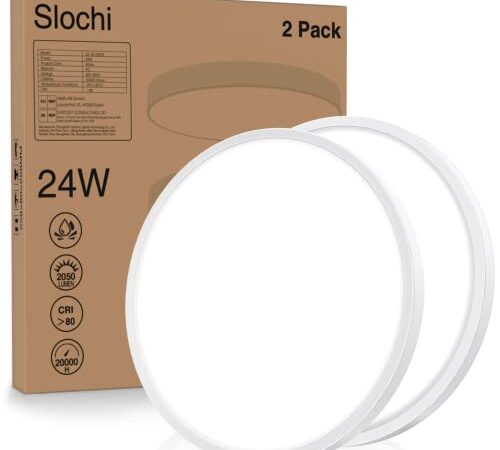 Pack 2x Plafon LED Techo 24W,Slochi 2050lm 6500K Lamparas de Techo,IP44 Impermeable Plafones para Techo LED,Plafon LED Redondo Blanco para Cocina Baño Habitacion Dormitorio Salon Pasillo Garaje