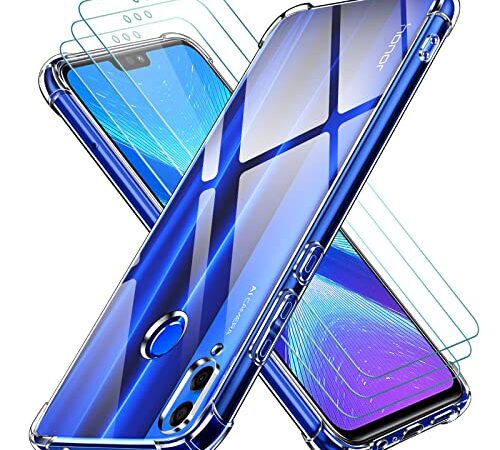 ivoler Funda para Huawei Honor 8X con 3 Piezas Cristal Templado, Carcasa Protectora Anti-Choque Transparente, Suave TPU Silicona Caso Delgada Anti-arañazos Case