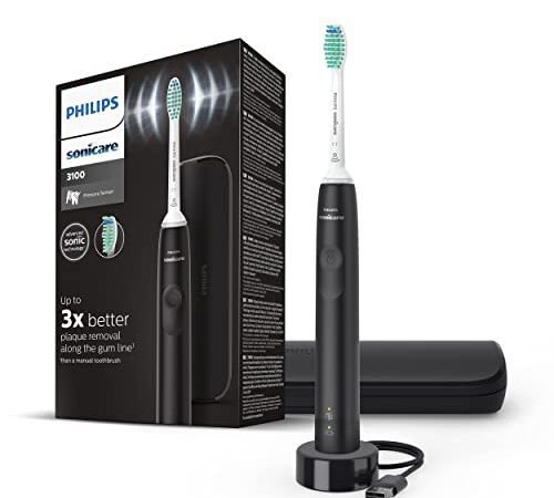 Philips Sonicare Cepillo de dientes eléctrico sónico serie 3100 con sensor de presión y recordatorio de sustitución de cabezal BrushSync, HX3673/14, negro